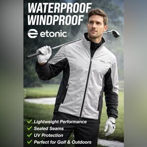 Etonic Waterproof Windproof Rain Jacket Black Silver Men M Golf